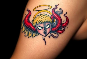 A shining golden angelic halo, surrounded with red, twisted horns curling from the opposite side, dark and menacing, with smoke and shadows, symbolizing a battle between holiness and temptation. tattoo idea