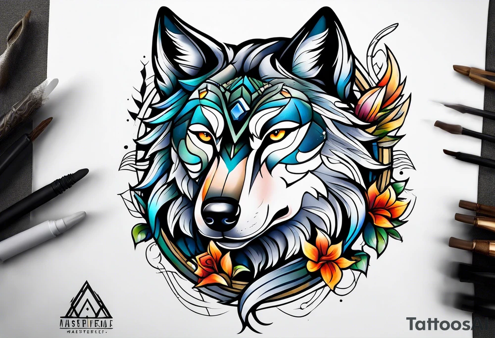 Neotraditional wolf tattoo idea