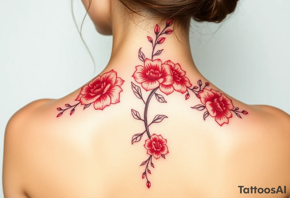 Floral red ink spine tattoo tattoo idea