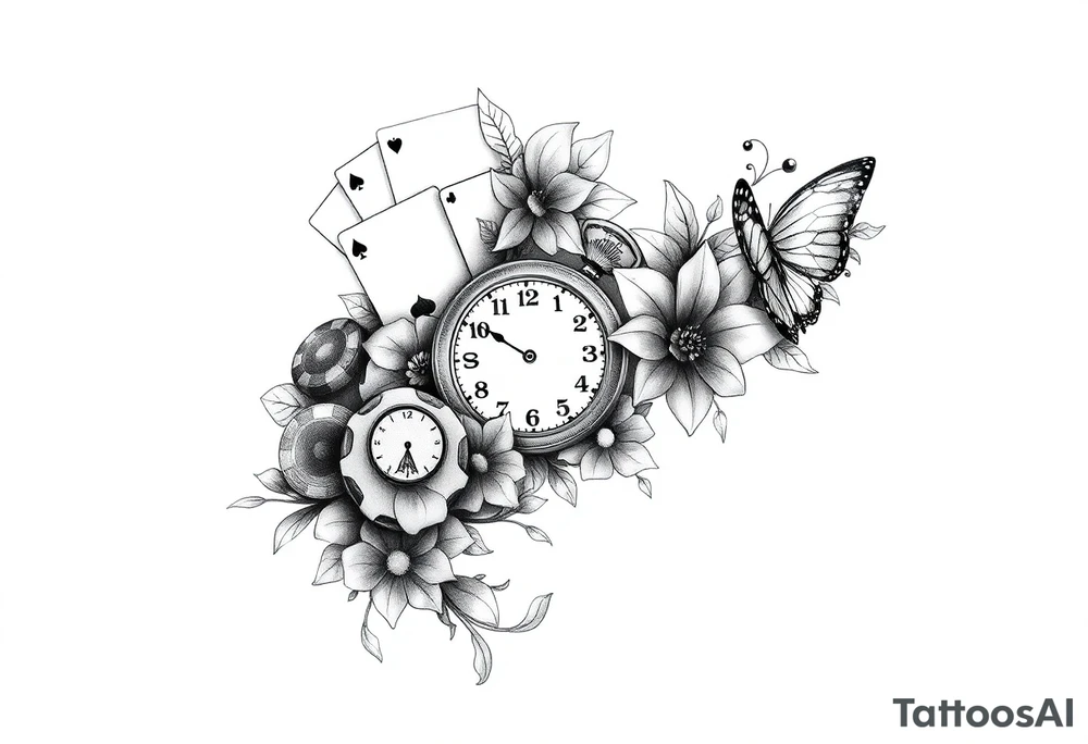 Casino only theme , poker chips deck of cards dice a pocket watch
 with lily flowers
 with raindrop swirls and butterfly’s tattoo idea