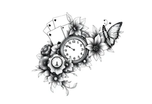 Casino only theme , poker chips deck of cards dice a pocket watch
 with lily flowers
 with raindrop swirls and butterfly’s tattoo idea