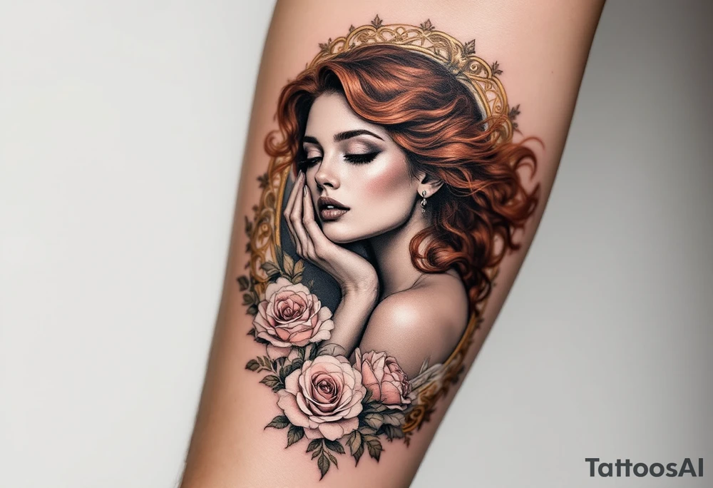 Alfons Mucha’s graceful woman with flowing auburn hair, framed by ornate golden floral patterns and soft pastel roses. tattoo idea