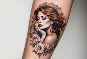 Alfons Mucha’s graceful woman with flowing auburn hair, framed by ornate golden floral patterns and soft pastel roses. tattoo idea