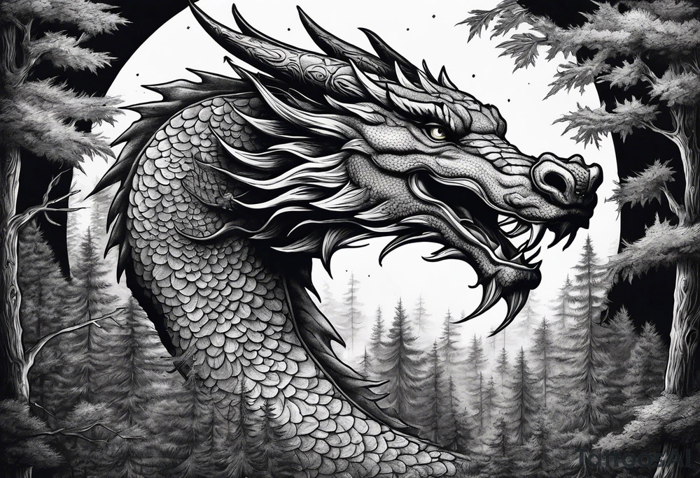 Dark forest with dragon flying over it in front of the moon tattoo idea