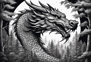 Dark forest with dragon flying over it in front of the moon tattoo idea