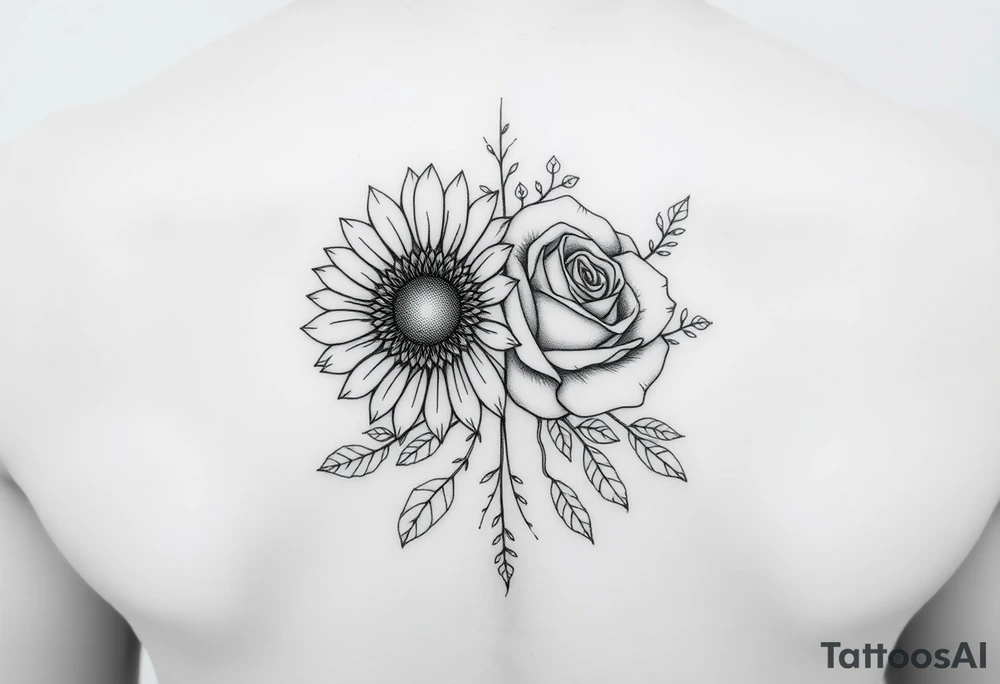 "Hand-drawn tattoo-style illustration of a single symmetrical flower composed of a sunflower on the left half and a rose on the right half, split perfectly down the middle. Surrounding the flower is delicate, symmetrical greenery and leaves. The overall style is simplistic, clean, and in greyscale line art, suitable for a tattoo design. Minimalist and elegant, with fine lines and no shading or color." tattoo idea