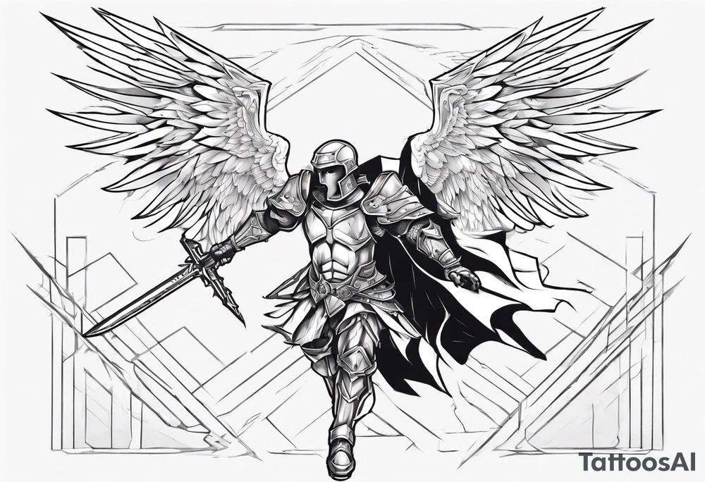 A winged angel wearing armor that is in mid-air with his two-handed sword about to attack in isometric view. tattoo idea