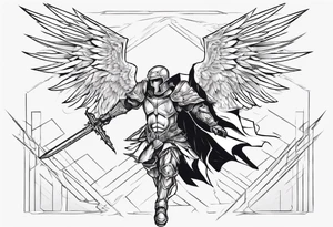 A winged angel wearing armor that is in mid-air with his two-handed sword about to attack in isometric view. tattoo idea