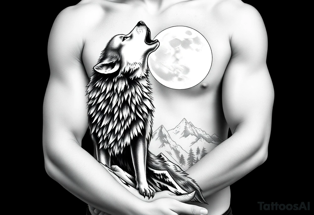lone wolf howling at full moon with northern lights backdrop tattoo idea
