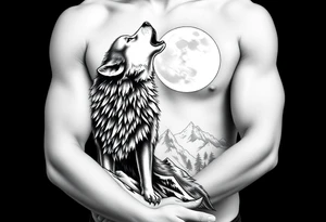 lone wolf howling at full moon with northern lights backdrop tattoo idea