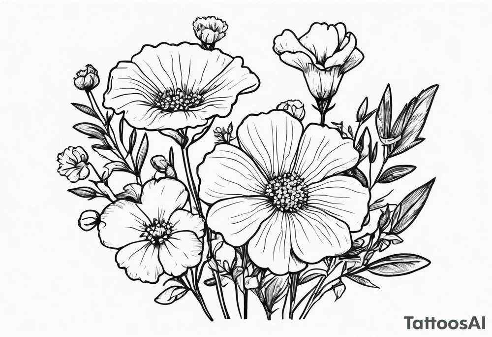 a simplistic bouquet of forget me not flowers, carnation flowers, and aster flowers with a stem that goes into the phrase “papa 09/17/52 - 01/17/24” tattoo idea