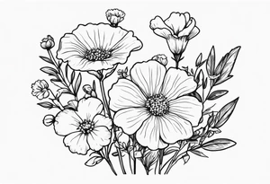 a simplistic bouquet of forget me not flowers, carnation flowers, and aster flowers with a stem that goes into the phrase “papa 09/17/52 - 01/17/24” tattoo idea