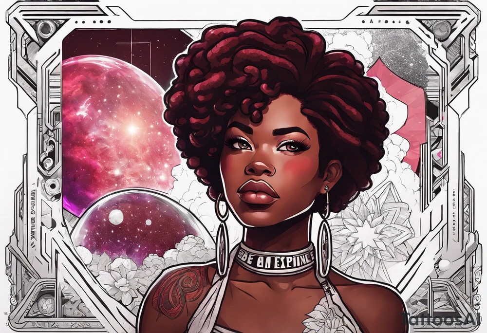 “Steven universe” Garnet, styled with locs with the words “be an experience” and has space elements and make it Afro-futurist tattoo idea