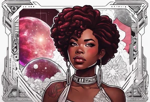 “Steven universe” Garnet, styled with locs with the words “be an experience” and has space elements and make it Afro-futurist tattoo idea