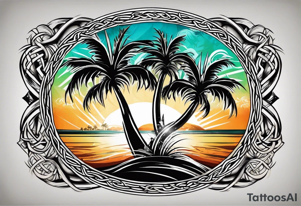 martial arts, palm trees and the celtic symbol for family tattoo idea