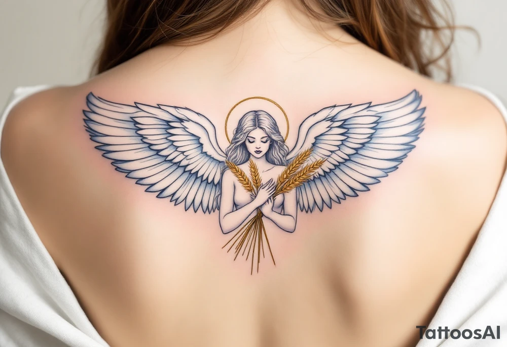 A graceful guardian Virgo angel with large feathered wings and golden wheat in hands. The color palette includes light blue, silver, and soft white, symbolizing Virgo’s protective and pure energy. tattoo idea