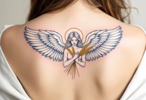 A graceful guardian Virgo angel with large feathered wings and golden wheat in hands. The color palette includes light blue, silver, and soft white, symbolizing Virgo’s protective and pure energy. tattoo idea