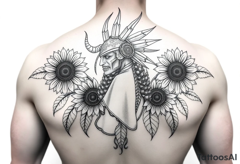Native american gorgon with sunflowers tattoo idea