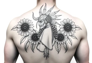Native american gorgon with sunflowers tattoo idea