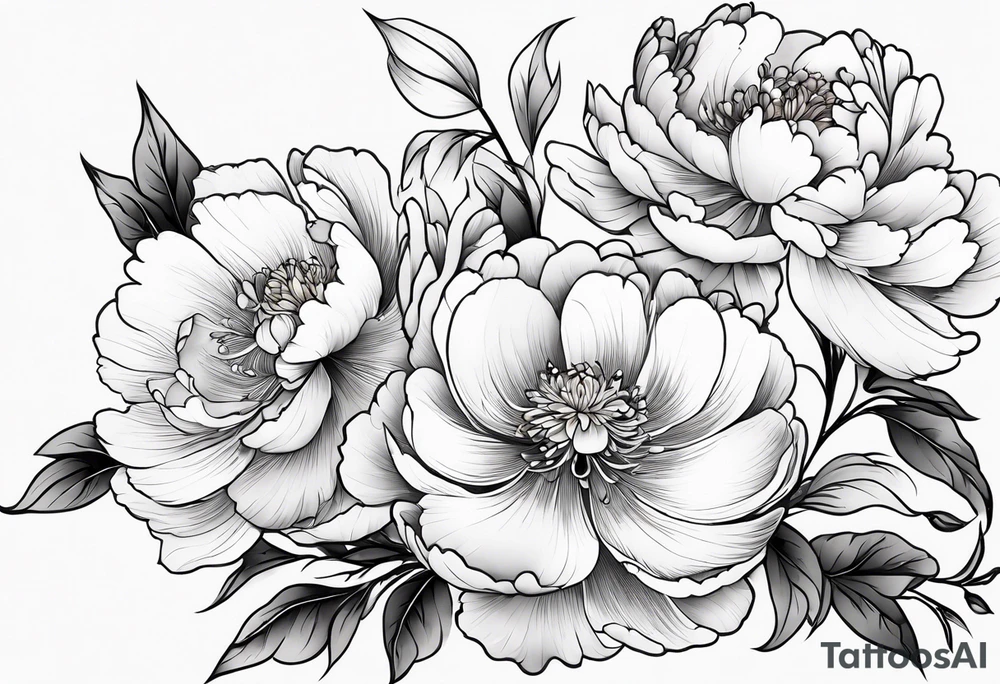 Shoulder and forearm tattoo for woman. Japanese style peony flowers bunch with stems extended to the forearm. Lightly coloured. Thin lines. Add long stems tattoo idea