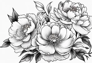 Shoulder and forearm tattoo for woman. Japanese style peony flowers bunch with stems extended to the forearm. Lightly coloured. Thin lines. Add long stems tattoo idea