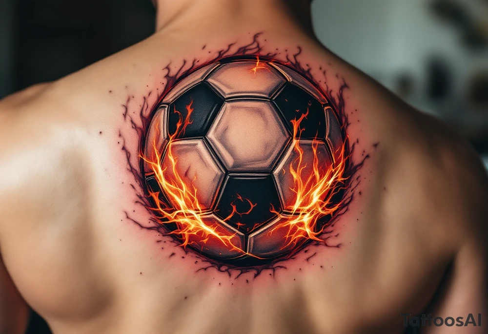 A hyper-realistic soccer ball on fire, shaded in deep reds, oranges, and black. tattoo idea