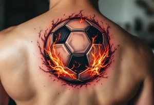 A hyper-realistic soccer ball on fire, shaded in deep reds, oranges, and black. tattoo idea