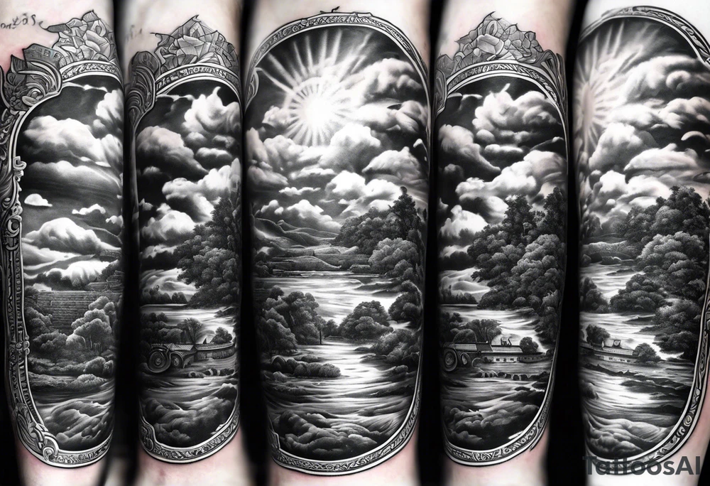 realistic forearm sleeve of money,kids, clouds journey, bible verses tattoo idea