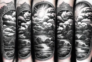 realistic forearm sleeve of money,kids, clouds journey, bible verses tattoo idea
