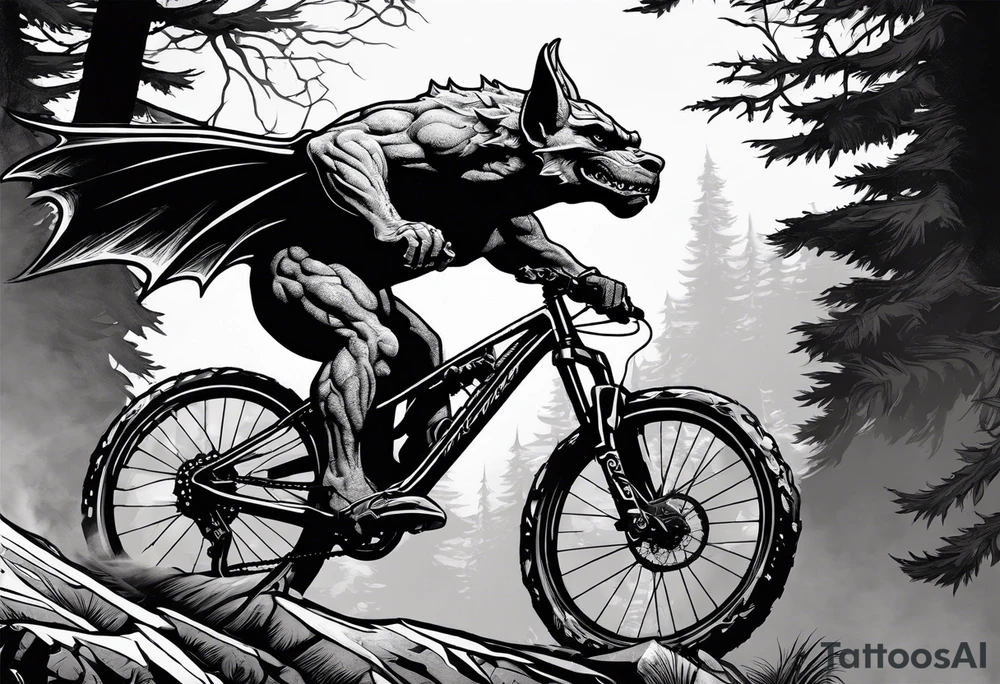 gargoyle riding a full suspension mountain bike with a shadow no background tattoo idea
