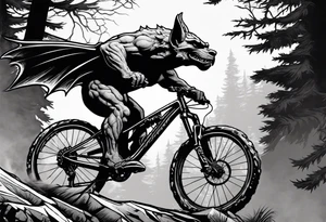 gargoyle riding a full suspension mountain bike with a shadow no background tattoo idea