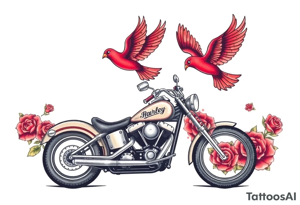 Harley grey motorcycle driving away, two red birds flying, roses, flames, angel wings tattoo idea