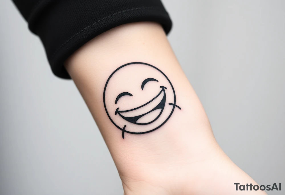 Laughing emoji with stiches tattoo idea
