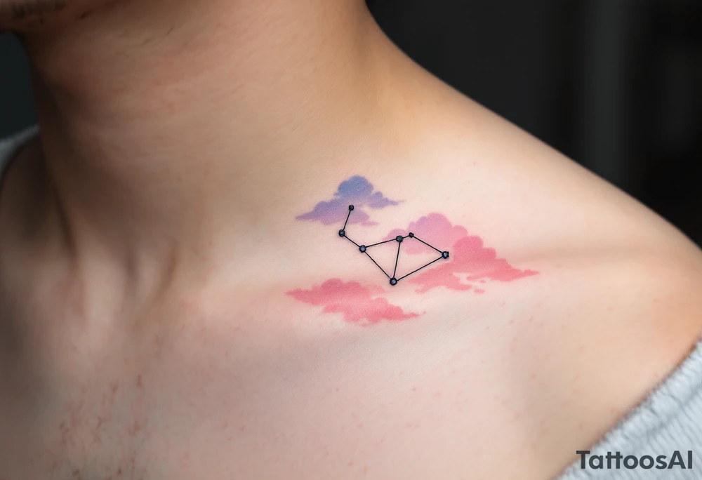 A soft pastel rendering of the Capricorn constellation on the collarbone, with pink and lavender clouds behind it. tattoo idea