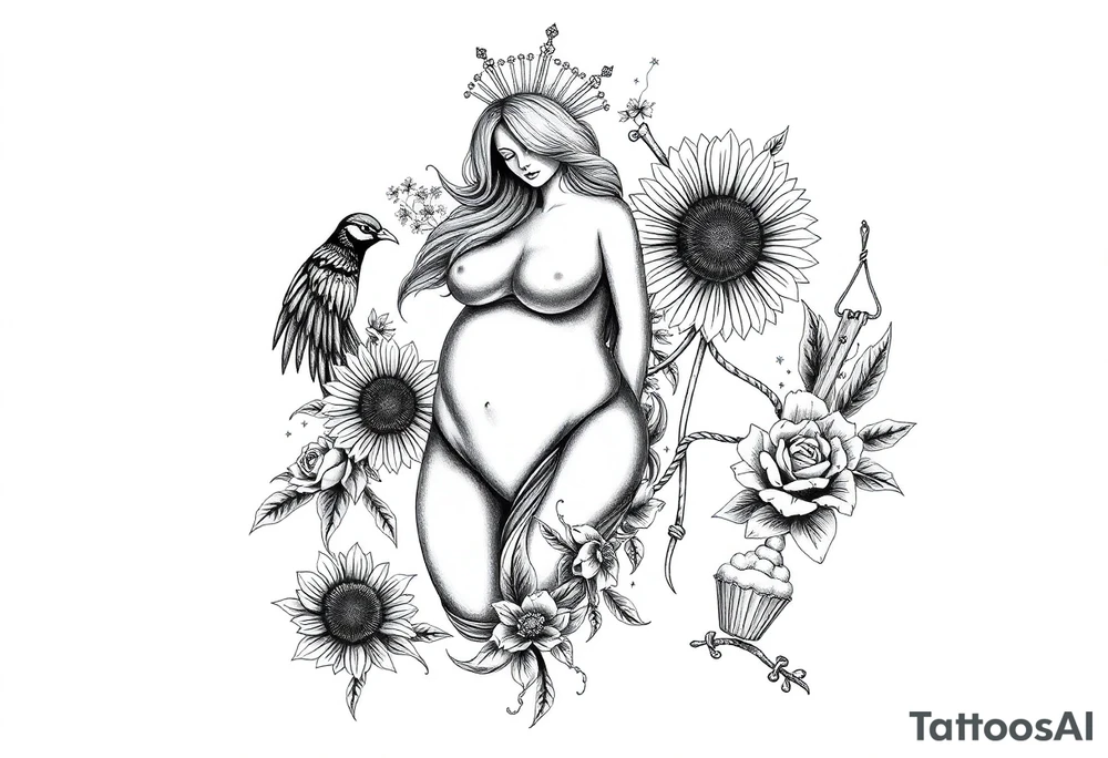 Storm, darkness, seven deadly sins, fat naked woman, peacock, dead sunflower and rosesflowers, razor blades, noose, couple having sex , cupcake ,cigerettes storm clouds tattoo idea