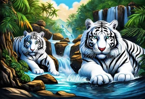 Two tigers: a white tiger and black tiger on opposite sides of the waterfall with a calligraphy ink container at the top and the Bahamas and Jamaica flag on opposite sides. tattoo idea