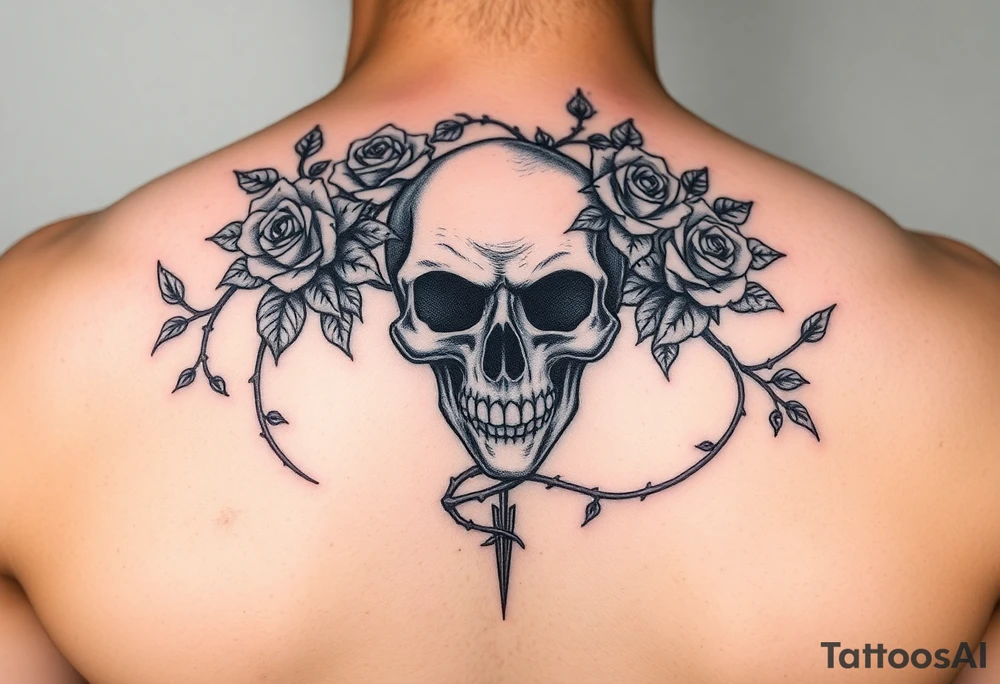 gothic skull intertwined with climbing roses and thorny vines tattoo idea