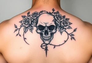 gothic skull intertwined with climbing roses and thorny vines tattoo idea