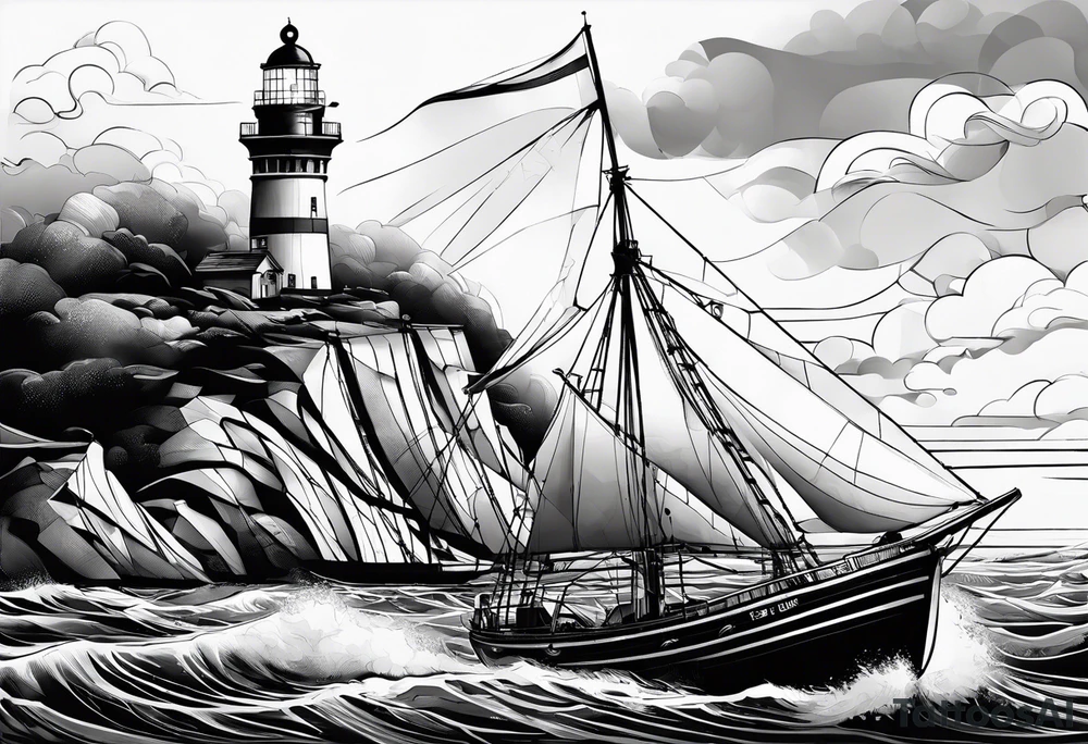 phare maritime dans un bateau a voiles. tattoo idea