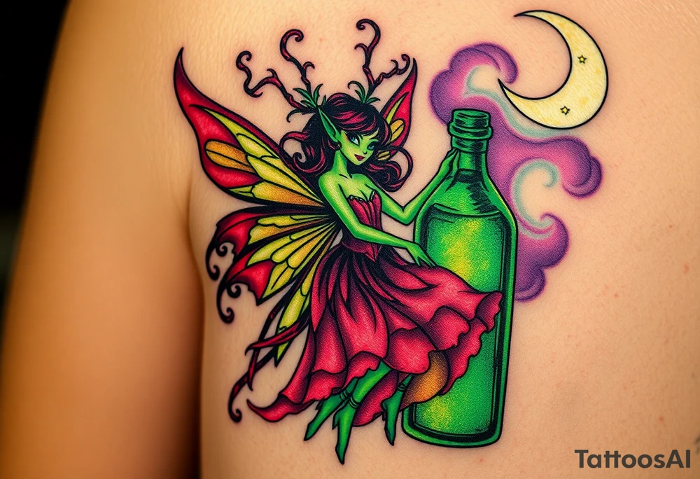 Tim Burton’s kelly doty pin up style Vintage Parisian elegant and hauntingly beautiful yet eerie full body absinthe Green Fairy dances outside her victorian crystal decatur she was once inside this elaborate ornate bottle absinthe bottle Absinthe Art Nouveau   and dripping with muted reds, dusty pinks, and eerie green glow.purple and cyan smokey clouds swirl in the crescent moonlit sky thats sprinkled with stars tattoo idea