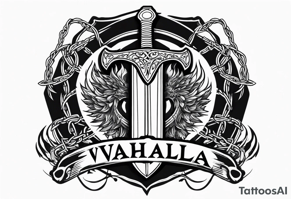 Valhalla fire sword shield barbed wire tattoo idea