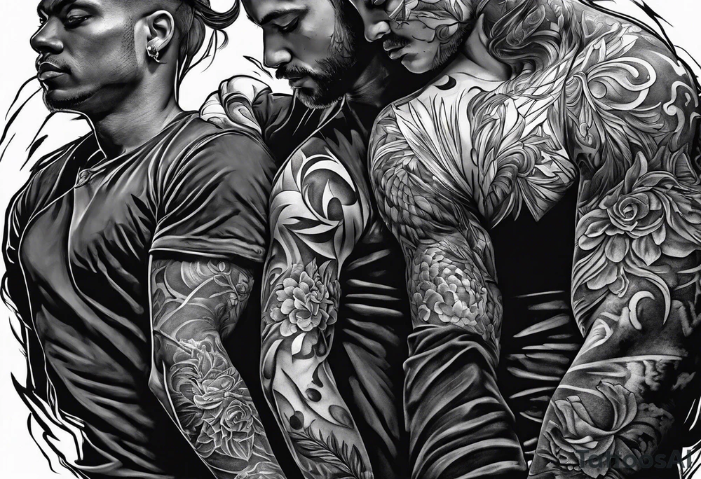 2 Black shadows of people standing over 2 wounded black shadows of people tattoo idea