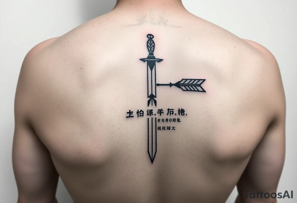 underarm tattoo with vinland saga thorfin arrows but not on the dagger just the arrows. and then in chinese calighraphy write this quote going through the design:你没有敌人 tattoo idea