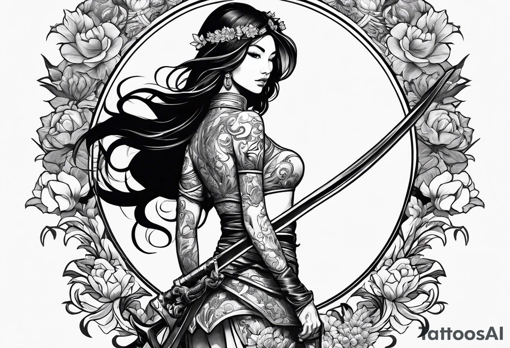 ornate beautiful woman warrior with weapon & floral arch background tattoo from head to torso tattoo idea