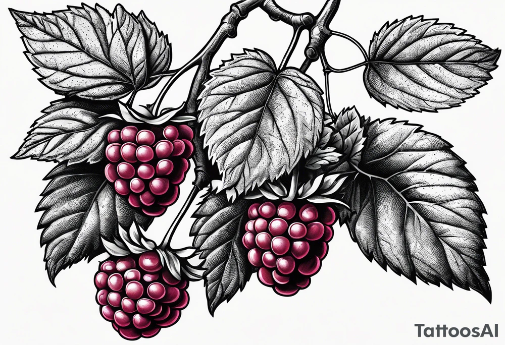 a single raspberry branch with lots of leaves that is hanging upside down with small raspberries on it tattoo idea