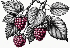 a single raspberry branch with lots of leaves that is hanging upside down with small raspberries on it tattoo idea