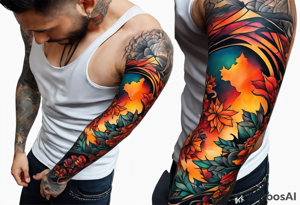Arm Sleeve Tattoo with fall colors flat tattoo idea