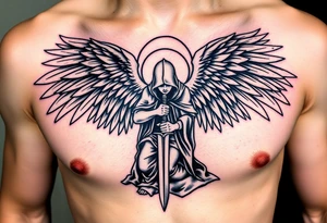 Warrior Angel with long sword  kneeling looking down cloak over head wings
 spread tattoo idea