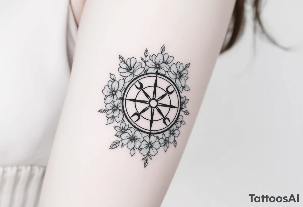 Compass surrounded with flowers cursive letters tattoo idea