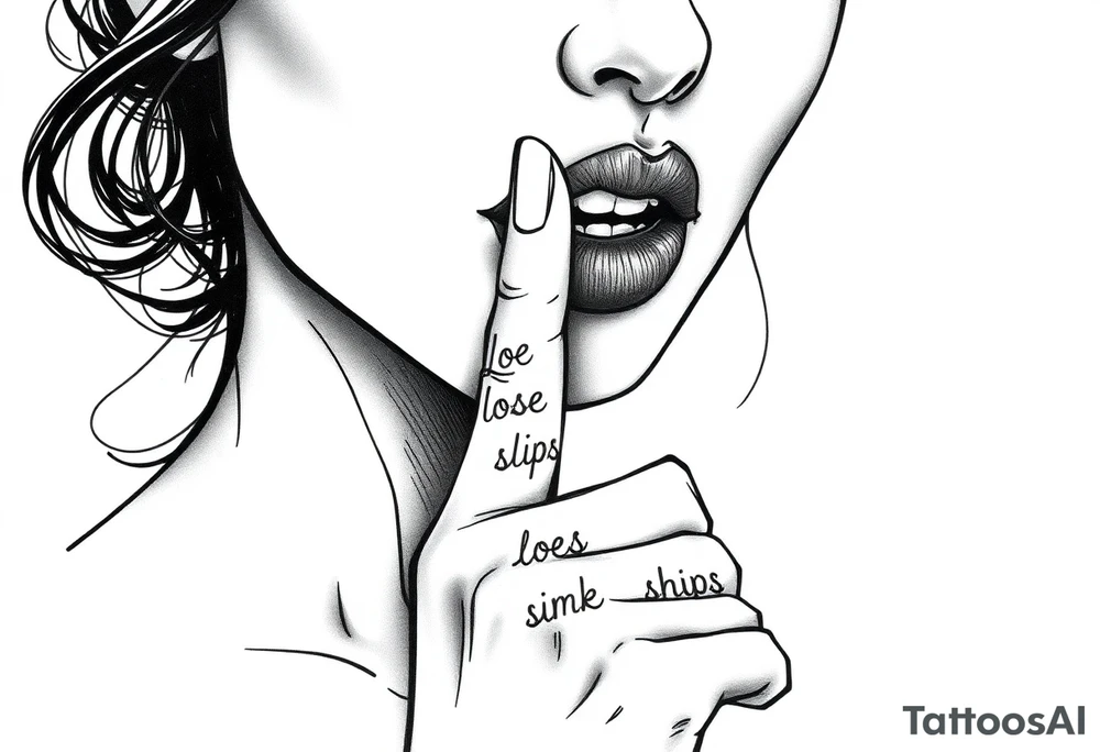 realistic portrait of sexualised woman with her finger to her lips. Must say on her finger: Loose lips sink ships tattoo idea